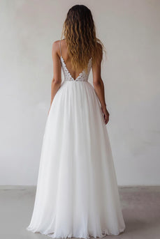 White A Line Spaghetti Straps Maxi Rehearsal Dinner Dress with Lace