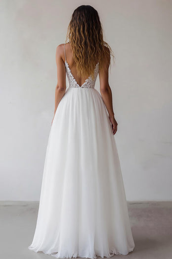 White A Line Spaghetti Straps Maxi Rehearsal Dinner Dress with Lace