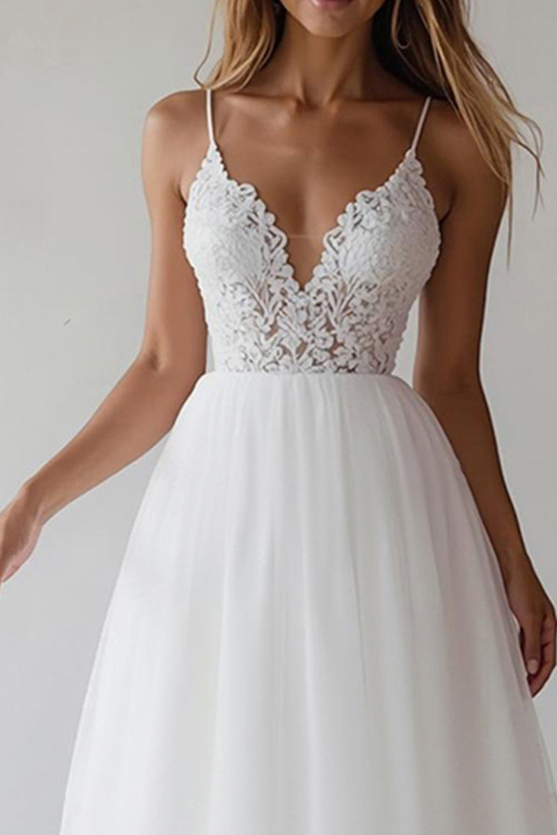 Load image into Gallery viewer, White A Line Spaghetti Straps Maxi Rehearsal Dinner Dress with Lace