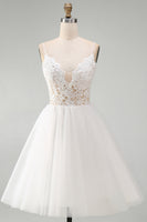 Load image into Gallery viewer, White Spaghetti Straps A Line Short Graduation Dress with Lace