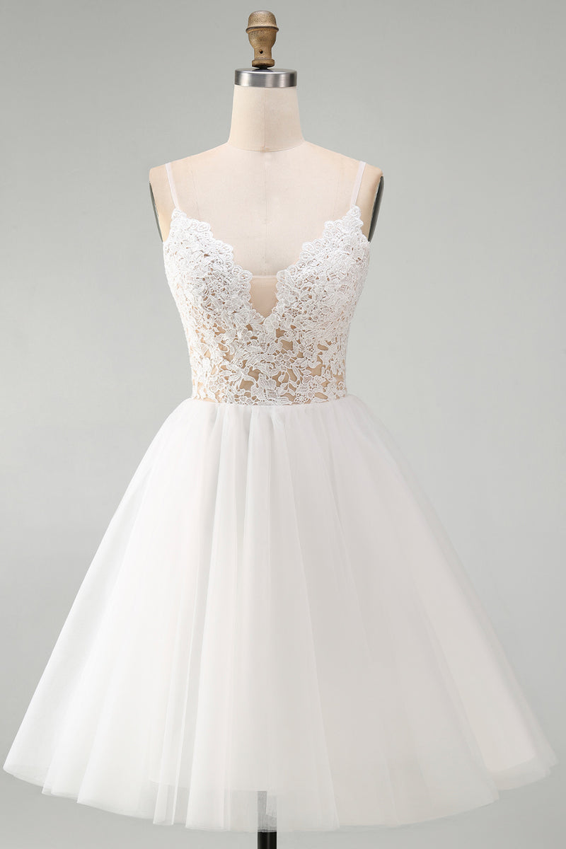 Load image into Gallery viewer, White Spaghetti Straps A Line Short Graduation Dress with Lace
