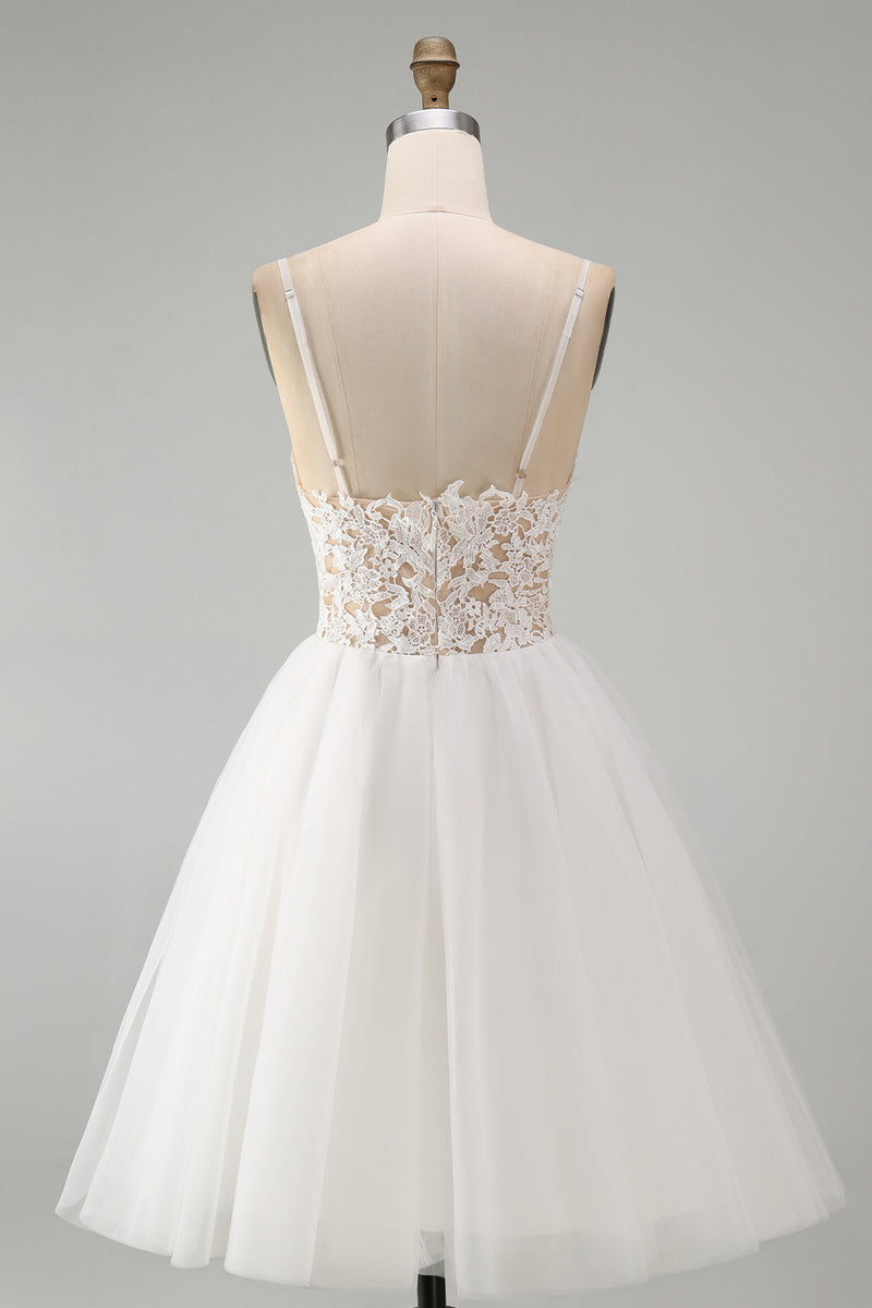 Load image into Gallery viewer, White Spaghetti Straps A Line Short Graduation Dress with Lace