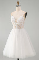 Load image into Gallery viewer, White Spaghetti Straps A Line Short Graduation Dress with Lace