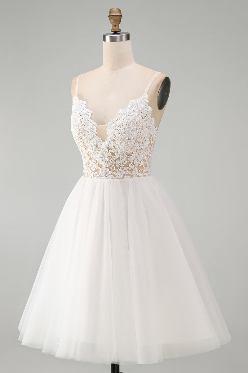 Load image into Gallery viewer, White Spaghetti Straps A Line Short Graduation Dress with Lace