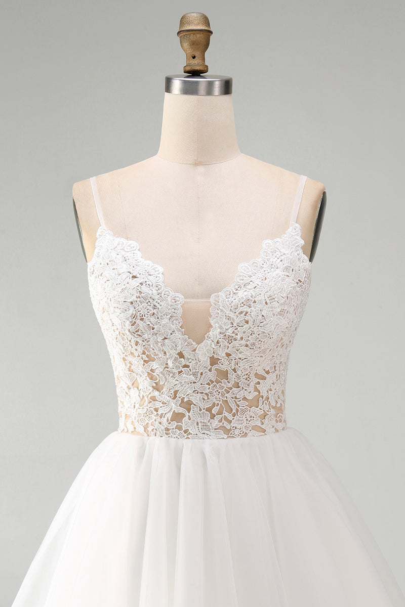 Load image into Gallery viewer, White Spaghetti Straps A Line Short Graduation Dress with Lace