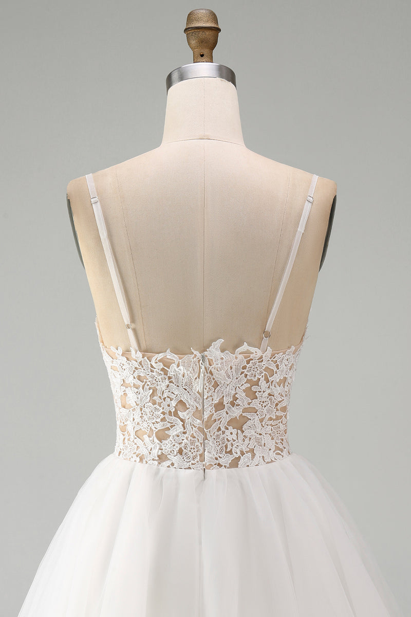 Load image into Gallery viewer, White Spaghetti Straps A Line Short Graduation Dress with Lace