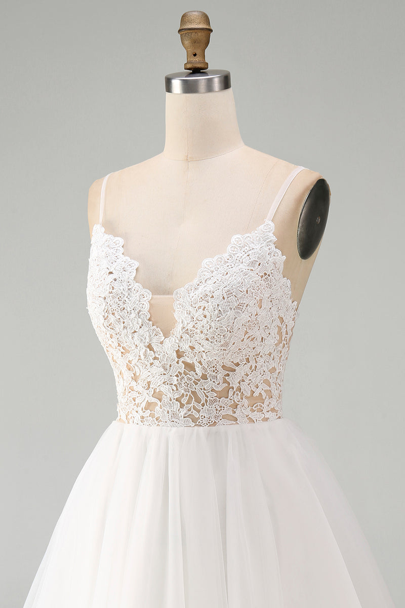 Load image into Gallery viewer, White Spaghetti Straps A Line Short Graduation Dress with Lace