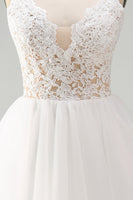 Load image into Gallery viewer, White Spaghetti Straps A Line Short Graduation Dress with Lace