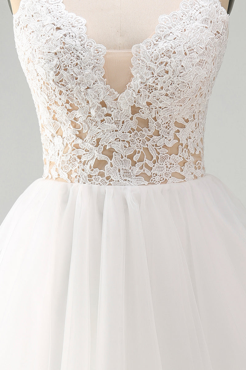 Load image into Gallery viewer, White Spaghetti Straps A Line Short Graduation Dress with Lace