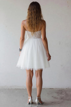 White Spaghetti Straps A Line Short Graduation Dress with Lace