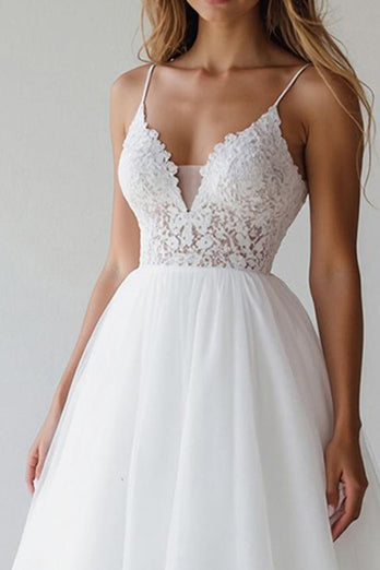 White Spaghetti Straps A Line Short Graduation Dress with Lace