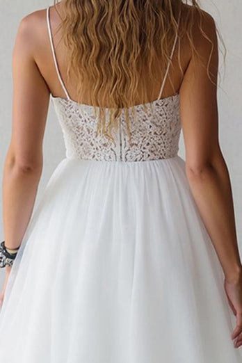 White Spaghetti Straps A Line Short Graduation Dress with Lace