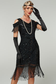 Sparkly Black Cold Shoulder Sequin Short 1920s Dress with Fringes
