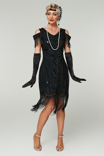 Sparkly Black Cold Shoulder Sequin Short 1920s Dress with Fringes
