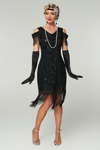 Sparkly Black Cold Shoulder Sequin Short 1920s Dress with Fringes