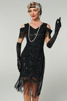 Load image into Gallery viewer, Sparkly Black Cold Shoulder Sequin Short 1920s Dress with Fringes