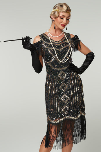 Sparkly Black Cold Shoulder Sequin Short 1920s Dress with Fringes