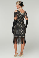 Load image into Gallery viewer, Sparkly Black Cold Shoulder Sequin Short 1920s Dress with Fringes