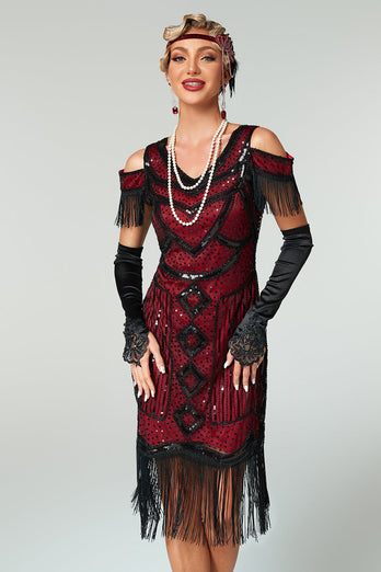 Sparkly Black Cold Shoulder Sequin Short 1920s Dress with Fringes