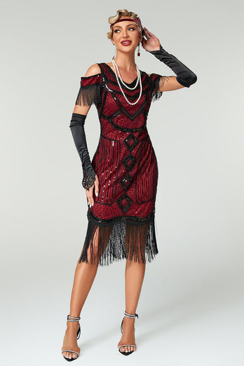 Sparkly Black Cold Shoulder Sequin Short 1920s Dress with Fringes