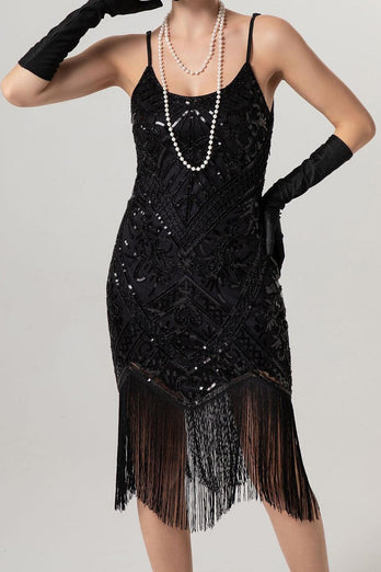 Sparkly Black Sequin Spaghetti Straps Bodycon Short 1920s Dress with Fringes
