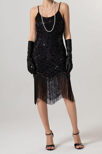 Sparkly Black Sequin Spaghetti Straps Bodycon Short 1920s Dress with Fringes