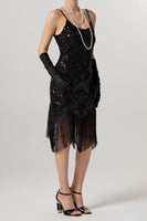 Load image into Gallery viewer, Sparkly Black Sequin Spaghetti Straps Bodycon Short 1920s Dress with Fringes