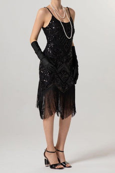 Sparkly Black Sequin Spaghetti Straps Bodycon Short 1920s Dress with Fringes