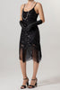 Load image into Gallery viewer, Sparkly Black Sequin Spaghetti Straps Bodycon Short 1920s Dress with Fringes