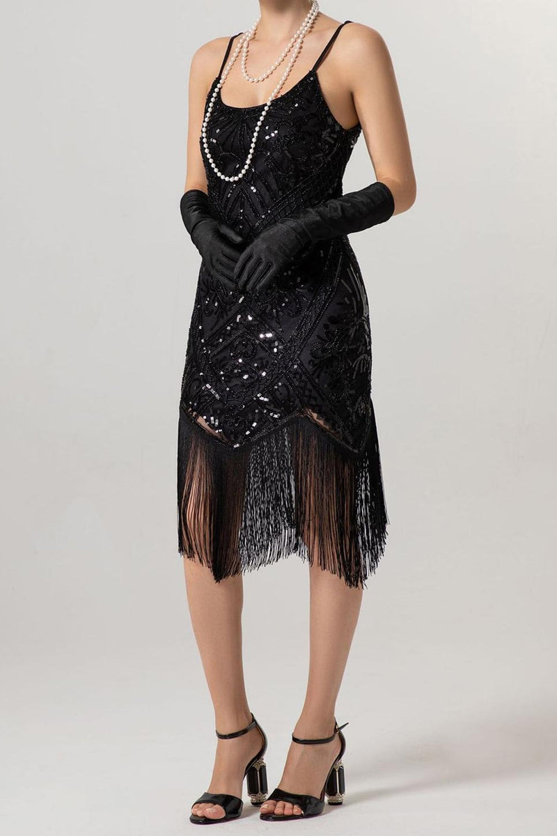 Load image into Gallery viewer, Sparkly Black Sequin Spaghetti Straps Bodycon Short 1920s Dress with Fringes