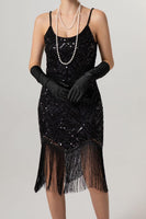 Load image into Gallery viewer, Sparkly Black Sequin Spaghetti Straps Bodycon Short 1920s Dress with Fringes