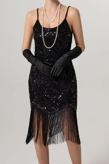 Sparkly Black Sequin Spaghetti Straps Bodycon Short 1920s Dress with Fringes