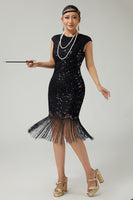 Load image into Gallery viewer, Sparkly Bodycon Black Golden Sequins Floral 1920s Flapper Dress with Fringes