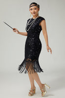 Load image into Gallery viewer, Sparkly Bodycon Black Golden Sequins Floral 1920s Flapper Dress with Fringes
