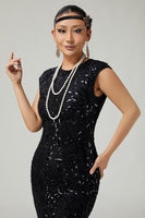 Load image into Gallery viewer, Sparkly Bodycon Black Golden Sequins Floral 1920s Flapper Dress with Fringes