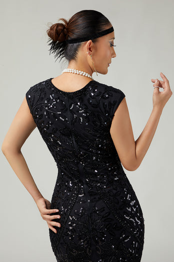 Sparkly Bodycon Black Golden Sequins Floral 1920s Flapper Dress with Fringes