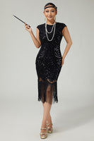 Load image into Gallery viewer, Sparkly Bodycon Black Golden Sequins Floral 1920s Flapper Dress with Fringes