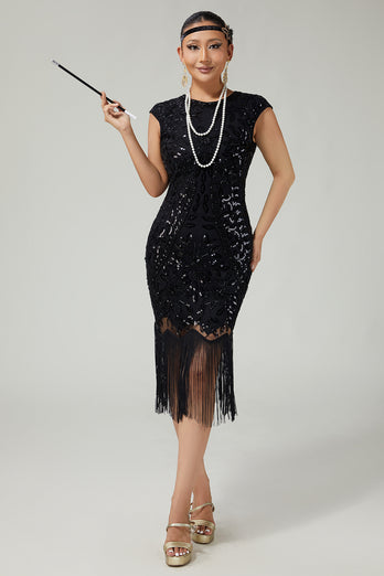 Sparkly Bodycon Black Golden Sequins Floral 1920s Flapper Dress with Fringes