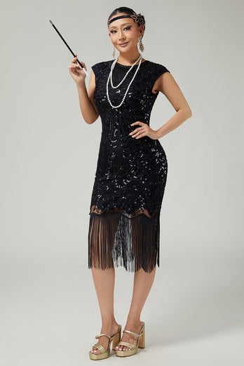 Sparkly Bodycon Black Golden Sequins Floral 1920s Flapper Dress with Fringes