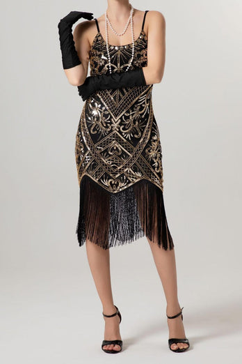 Sparkly Black Sequin Spaghetti Straps Bodycon Short 1920s Dress with Fringes