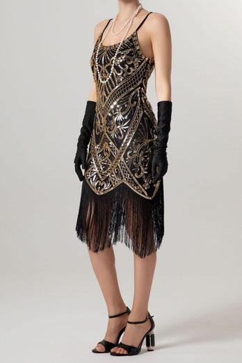 Sparkly Black Sequin Spaghetti Straps Bodycon Short 1920s Dress with Fringes