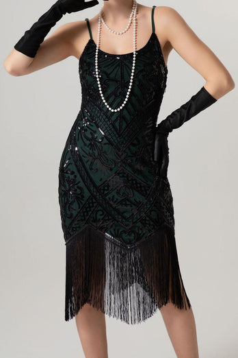 Sparkly Black Sequin Spaghetti Straps Bodycon Short 1920s Dress with Fringes