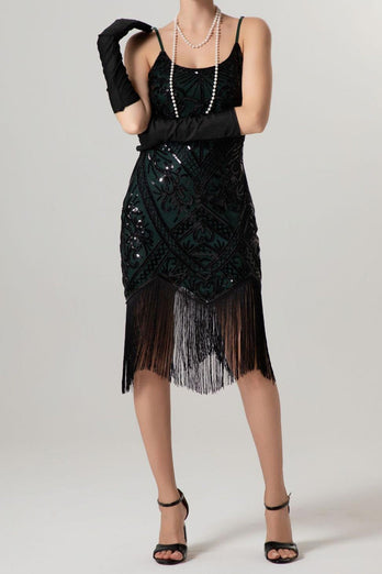 Sparkly Black Sequin Spaghetti Straps Bodycon Short 1920s Dress with Fringes