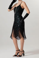 Load image into Gallery viewer, Sparkly Black Sequin Spaghetti Straps Bodycon Short 1920s Dress with Fringes