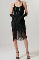 Load image into Gallery viewer, Sparkly Black Sequin Spaghetti Straps Bodycon Short 1920s Dress with Fringes