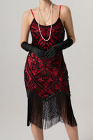 Load image into Gallery viewer, Sparkly Black Sequin Spaghetti Straps Bodycon Short 1920s Dress with Fringes