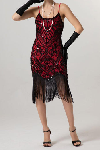 Sparkly Black Sequin Spaghetti Straps Bodycon Short 1920s Dress with Fringes