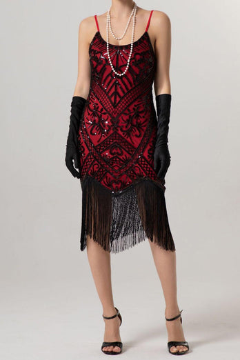 Sparkly Black Sequin Spaghetti Straps Bodycon Short 1920s Dress with Fringes