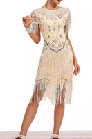 Load image into Gallery viewer, Sparkly Apricot Bodycon Fringed Short 1920s Dress with Rhinestones