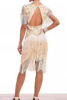 Sparkly Apricot Bodycon Fringed Short 1920s Dress with Rhinestones